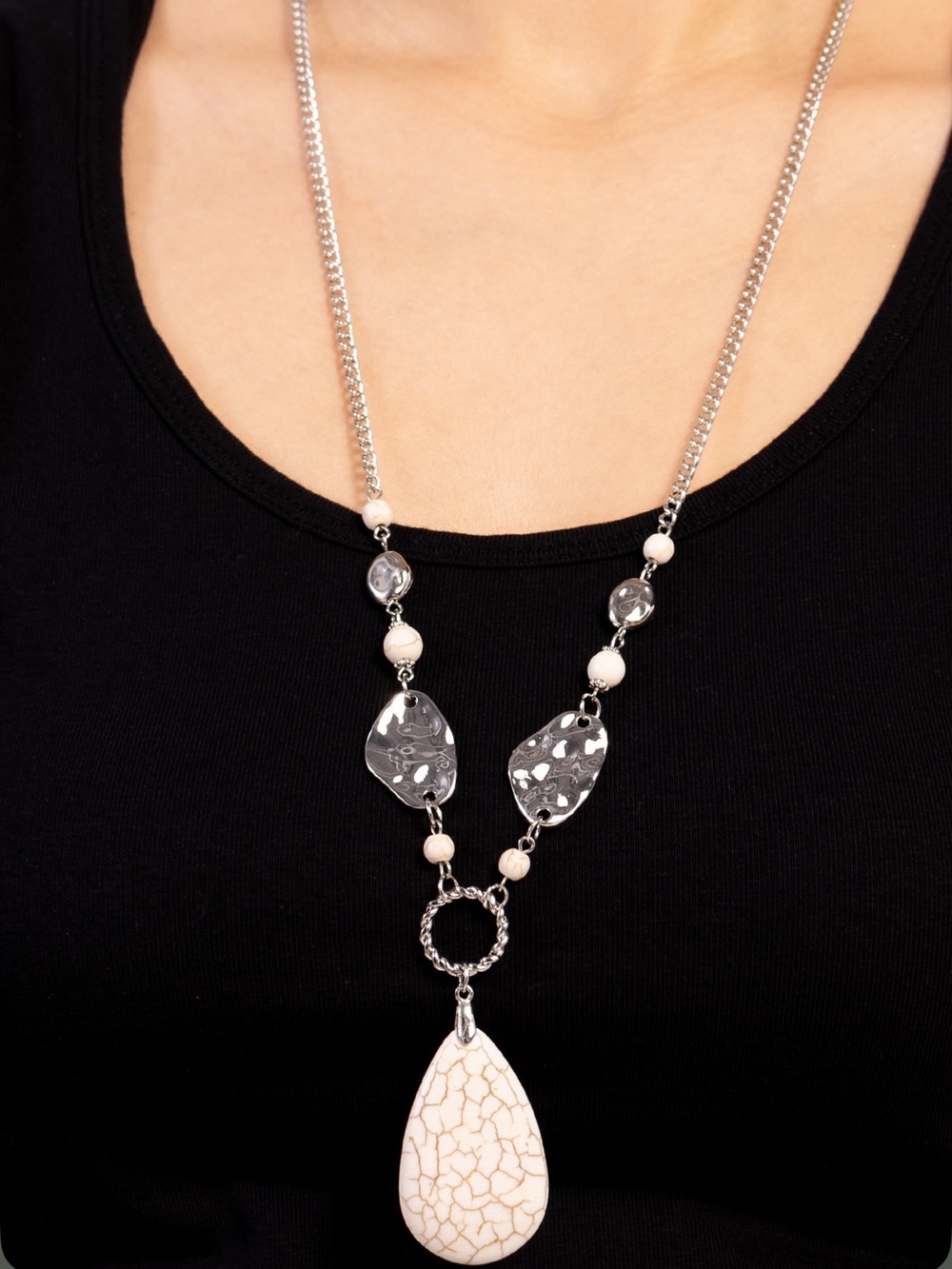 Silver Chain Necklace with White Teardrop Pendant